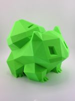 Low-poly 3D-printed Bulbasaur coin bank in rich bright green, featuring a coin slot and a removable cap at the bottom, standing 18 cm tall