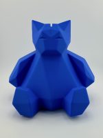 Deep blue low-poly 3D-printed Snorlax coin bank, 18 cm tall, designed with a coin slot and a twist cap at the bottom, ideal for fans of the sleepy Pokémon.