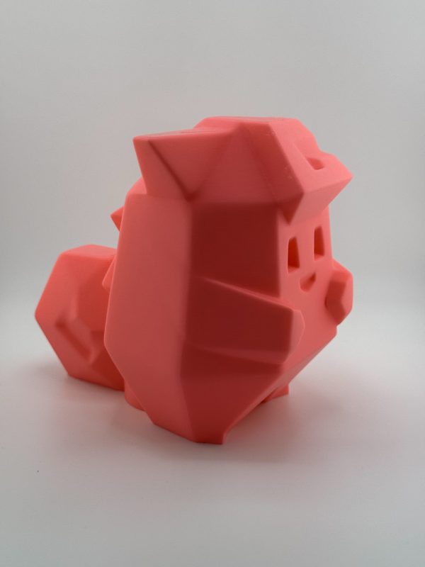 Bright pink low-poly 3D-printed Clefairy coin bank, standing 18 cm tall with a coin slot, capturing the enchanting essence of the beloved Pokémon.