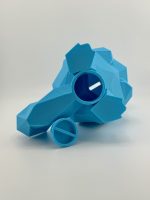 Light blue low-poly 3D-printed Squirtle coin bank, standing 19.5 cm tall with a coin slot, inspired by the classic water-type Pokémon.