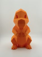 Fiery orange low-poly 3D-printed Charmander coin bank, 22.5 cm tall with a coin slot, designed to resemble the beloved Pokémon.