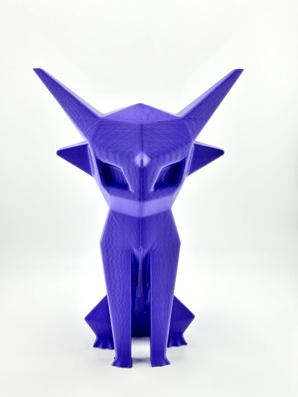 Vibrant purple low-poly 3D-printed Espeon coin bank, standing 22 cm tall, equipped with a coin slot and a removable twist cap at the bottom, perfect for fans of the mystical Pokémon.