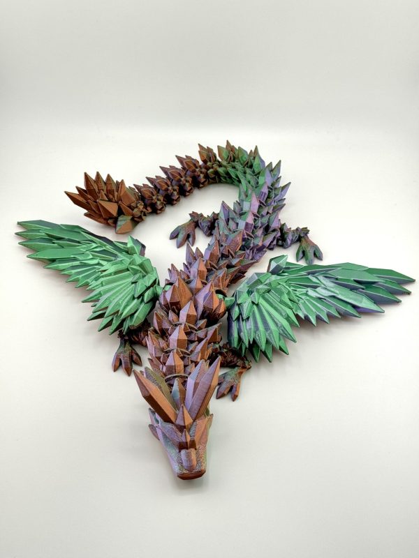 Mystic Dragon Collection in Large size, 3D printed with detailed craftsmanship and dynamic poses, wings that folds, measuring in 43 cm in amber-green-purple color