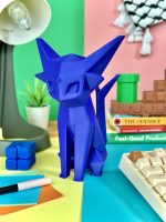 Vibrant purple low-poly 3D-printed Espeon coin bank, standing 22 cm tall, equipped with a coin slot and a removable twist cap at the bottom, perfect for fans of the mystical Pokémon.