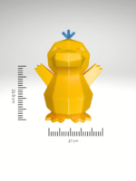 Low-poly 3D-printed Psyduck coin bank in vibrant yellow color, standing upright with a coin slot on the back