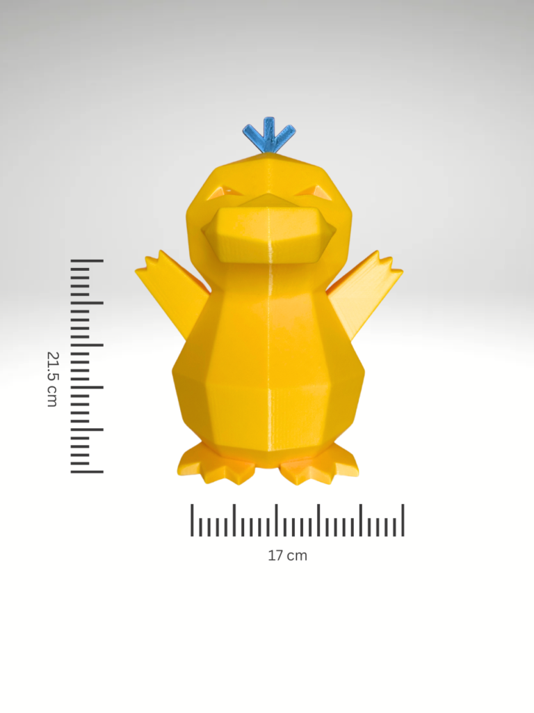 Low-poly 3D-printed Psyduck coin bank in vibrant yellow color, standing upright with a coin slot on the back