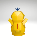 Low-poly 3D-printed Psyduck coin bank in vibrant yellow color, standing upright with a coin slot on the back