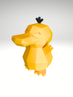 Low-poly 3D-printed Psyduck coin bank in vibrant yellow color, standing upright with a coin slot on the back